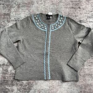 Paraphrase Sweater Cardigan LambsWool 3D Flowers Blue Gray Grandma Cottagecore